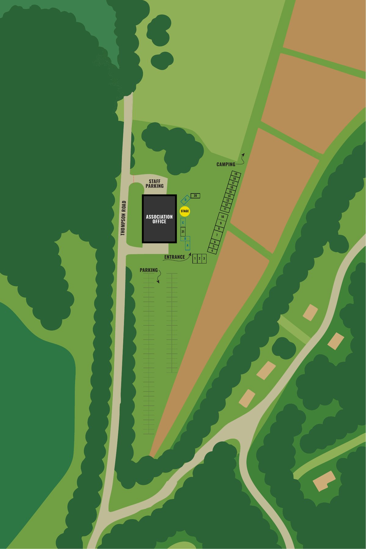 Illustrated site map of Stafford Airfield showing entrance, staff parking, general parking, camping rows, and the stage